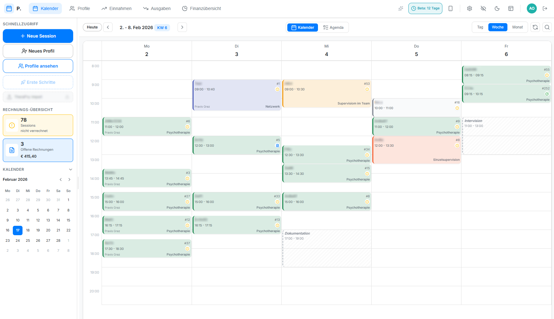 Praxido Wochenkalender mit farbcodierten Therapieterminen und Drag-and-Drop