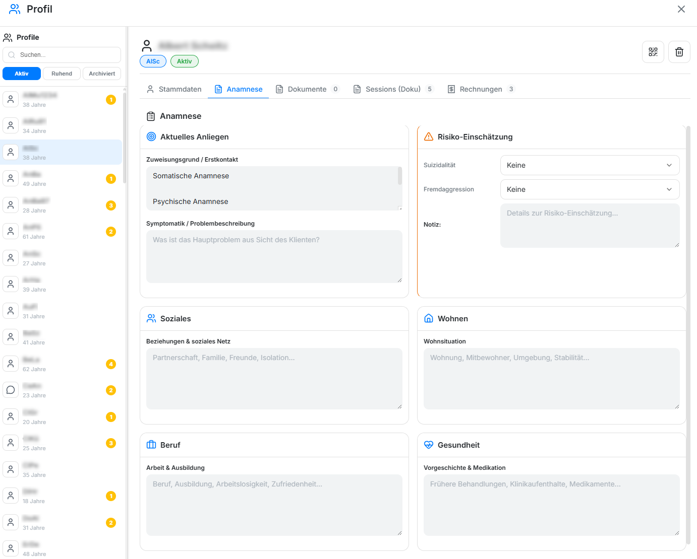 Praxido Klient:innenakte mit Anamnese, Diagnosen und Sitzungsdokumentation